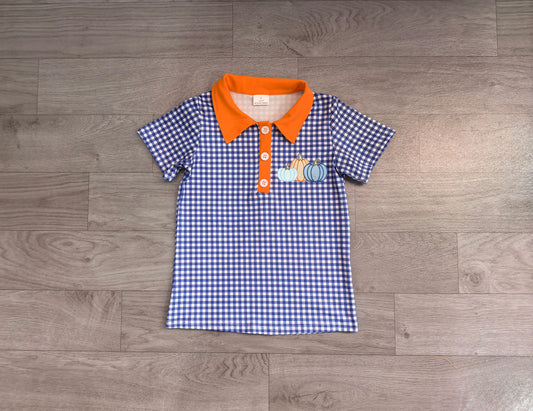 pre order pumpkin embroidery gingham boy polo tee