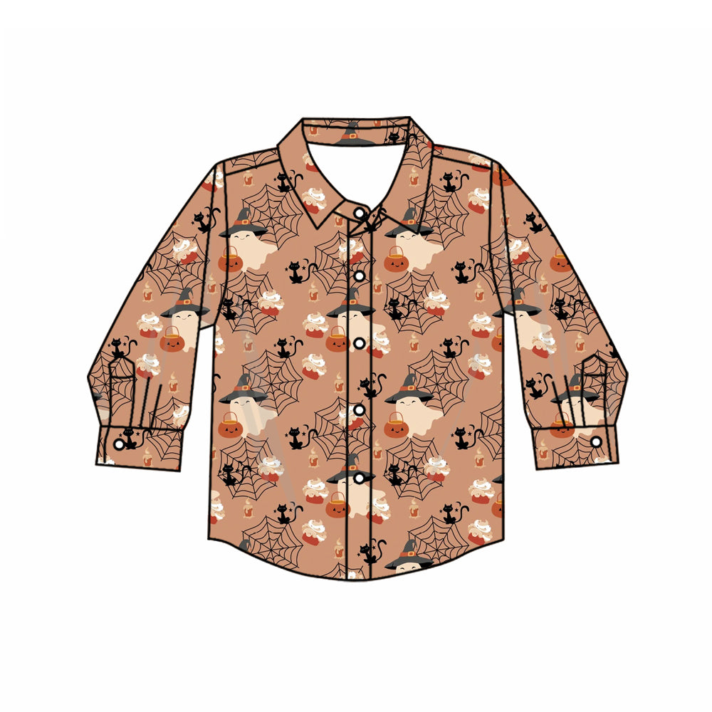 Pre-order spooky ghost cat boy button down shirt for Halloween