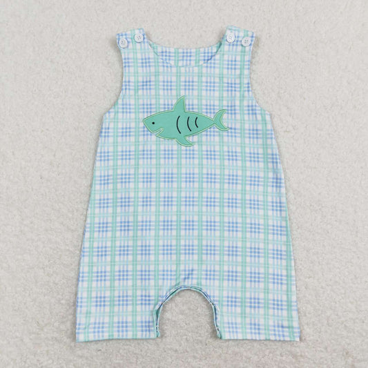 SR0651 Embroidered Shark Teal Plaid Suspender Bodysuit D 4.6