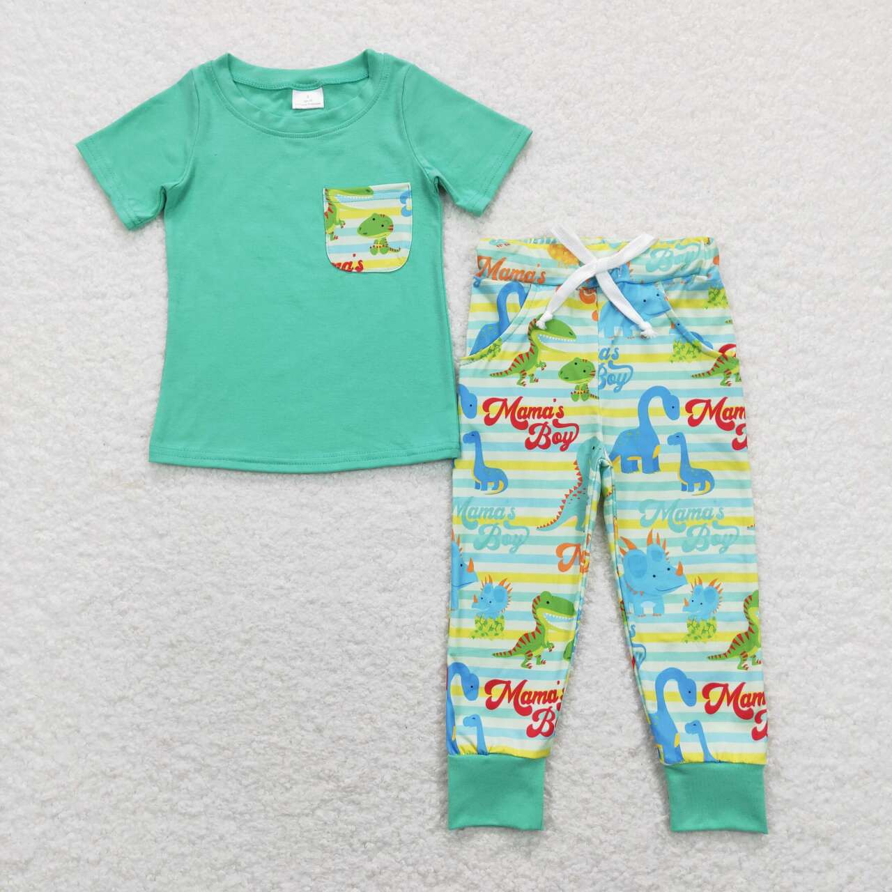 BSPO0204 mama's boy dinosaur pocket short sleeve green and yellow striped trousers suit