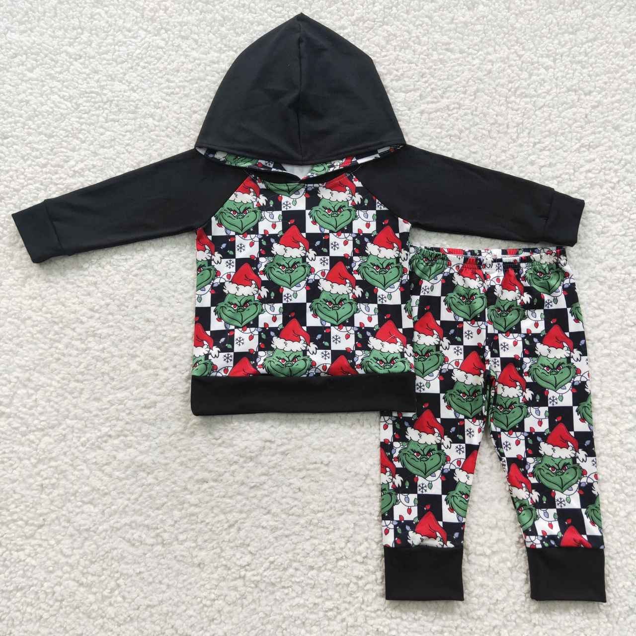 BLP0223 Black and white plaid black hooded long-sleeved trouser suit