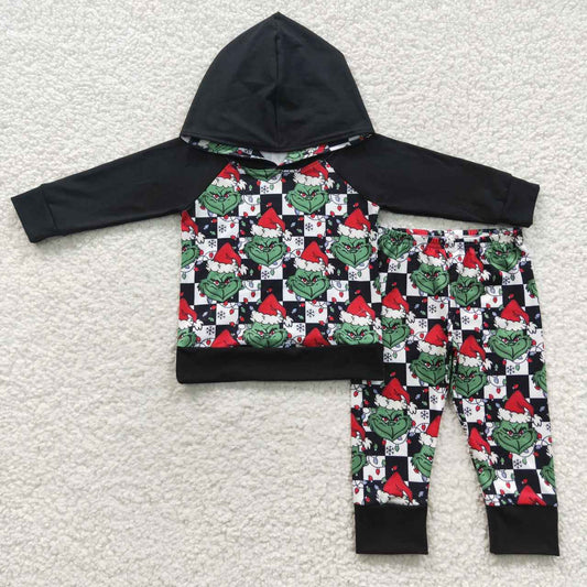 BLP0223 Black and white plaid black hooded long-sleeved trouser suit