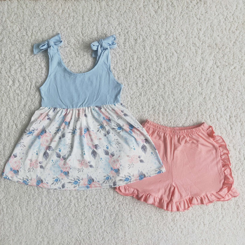 C0-12 Sky blue strappy floral skirt shorts suit