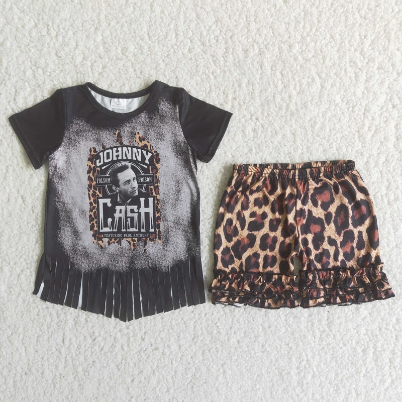 C0-16 Black short-sleeved leopard print shorts suit