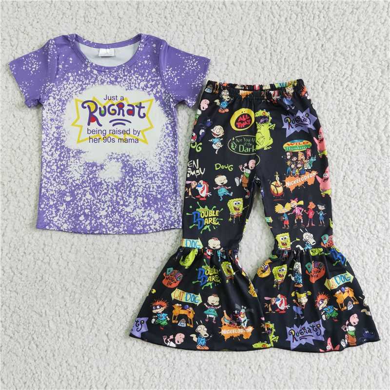 C12-11 Purple Speckled Short Sleeve Animated Flare Pants Set