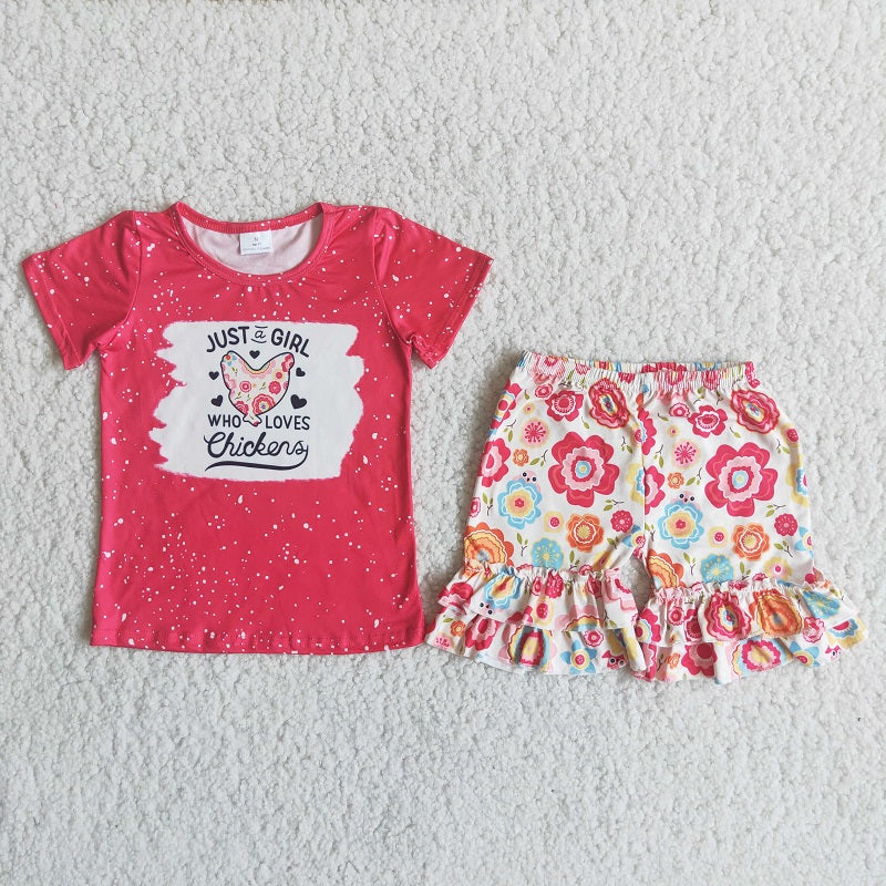 C14-4 Red Chicken Short Sleeve Red Flower Shorts Set