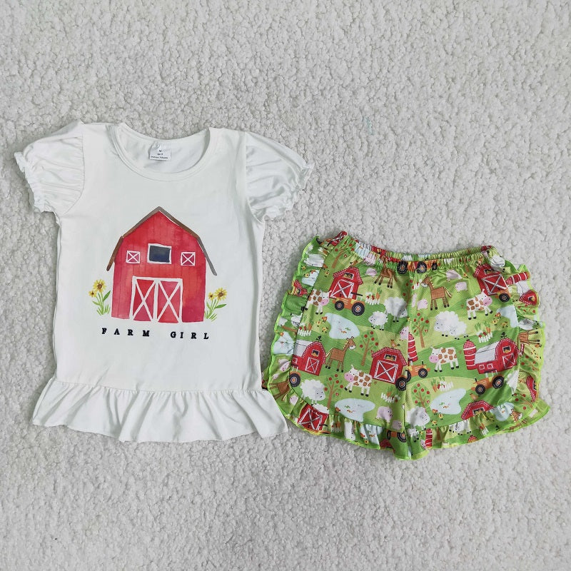 C15-22 Farm White Puff Sleeve Green Shorts Set