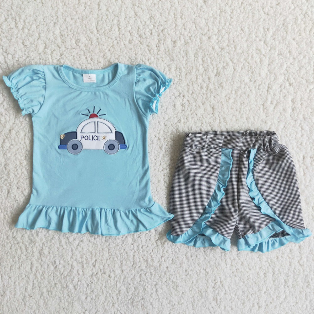 C15-38 White Police Car Embroidered Seersucker Lace Pants Set
