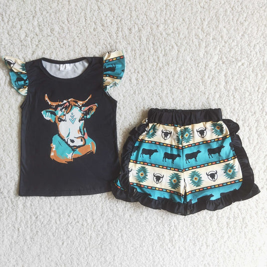 C15-4 Summer flying sleeve cow top + green shorts set