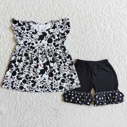 C2-10 black cartoon mouse flutter sleeve shorts set