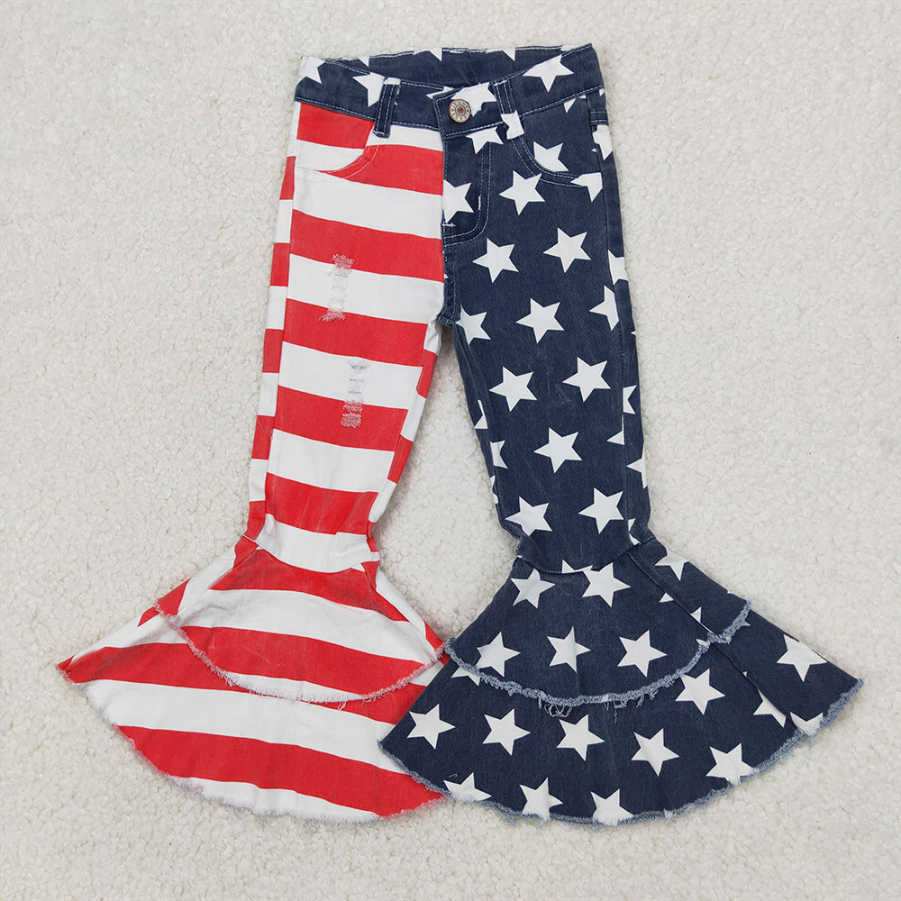 C3-14 Baby Girls Red Stripes Navy Stars Denim Bell bottom 4th of July Jeans D 3.31