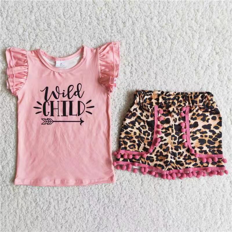 C3-3 wild child pink sleeve leopard print shorts suit