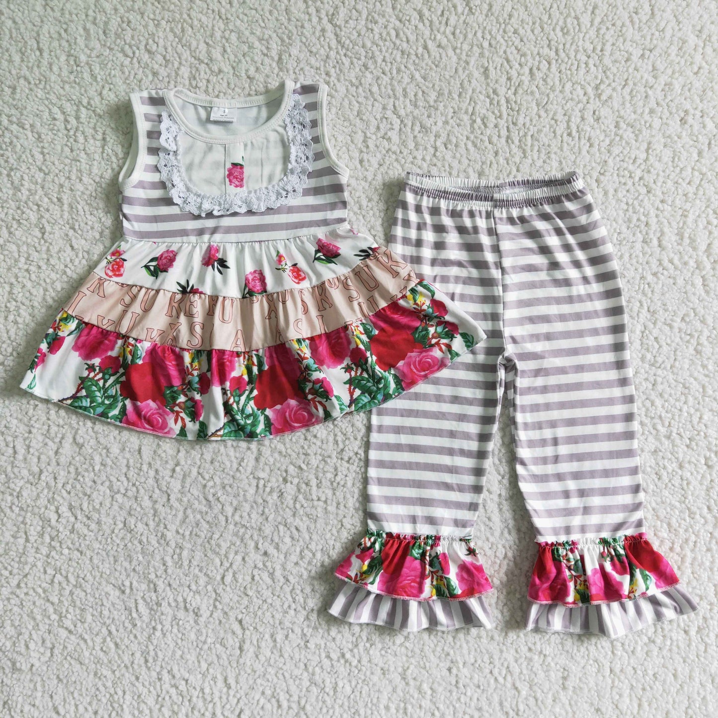 C5-18 White Striped Floral Lace Sleeveless Shorts Set