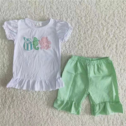 C6-21 Embroidered sea animal green seersucker shorts set