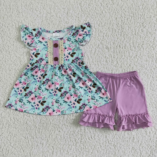 C6-22 Purple flower flying sleeve shorts suit