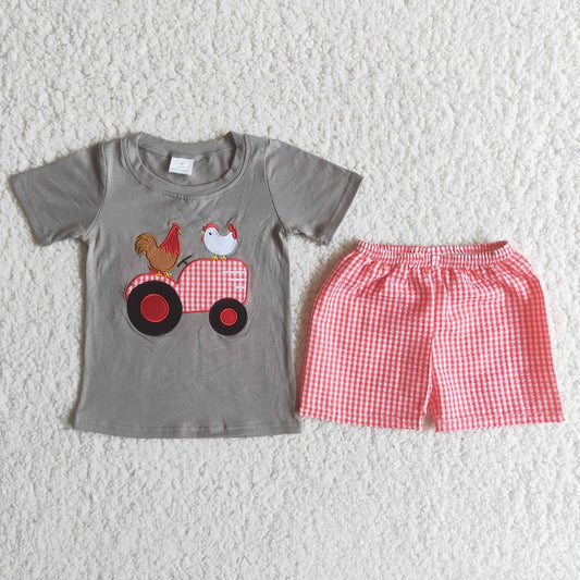 C6-4 Embroidered Truck Chicken Red Check Set