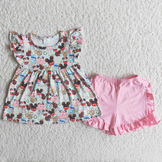 C8-12 Cartoon little flying sleeve pink shorts set