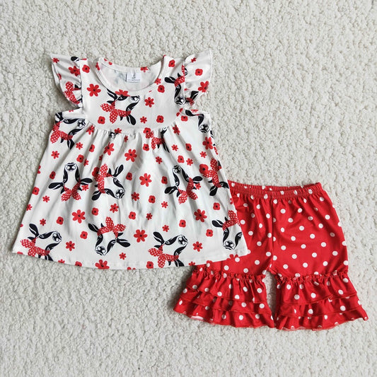 C8-21 Red bow cow head red polka dot shorts