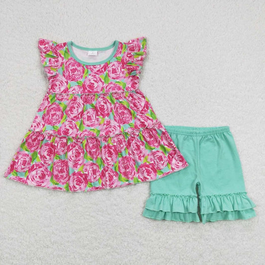 GT0475+SS0180 Flower turquoise flying sleeve top Turquoise lace shorts set