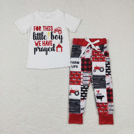 BSPO0171 little boy letter farm animal plaid red and white short-sleeved trousers suit
