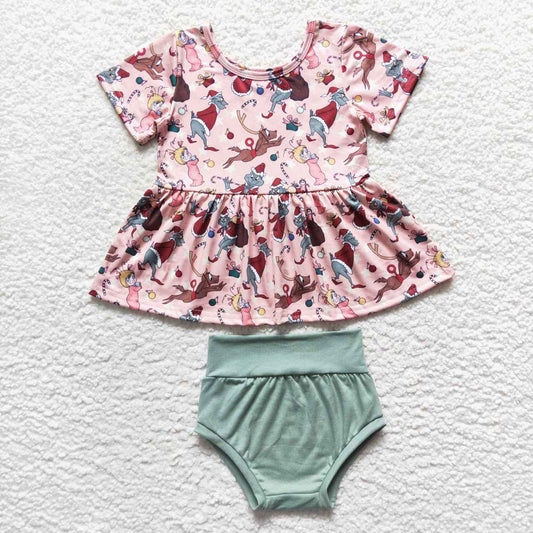GBO0188 Cartoon girl pink short sleeve green briefs suit
