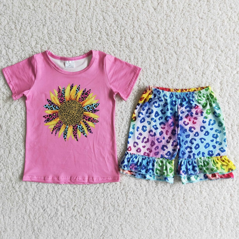 D11-11 Pink sunflower leopard print shorts set