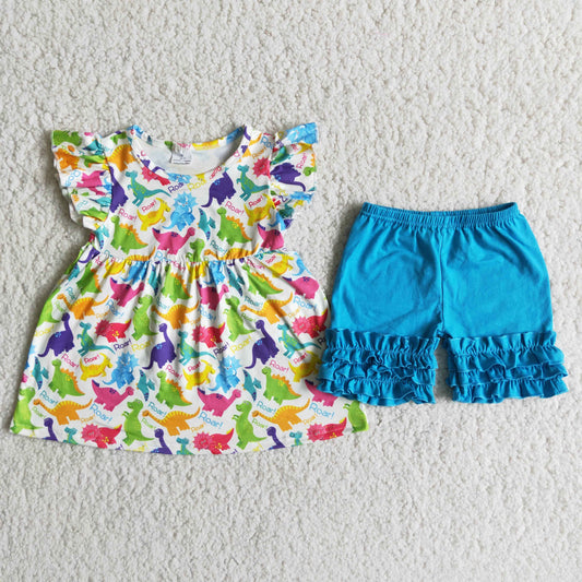 D11-27 Colorful dinosaur blue shorts set