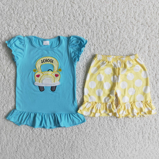 D12-26 Blue embroidered school bus with yellow polka dots suit