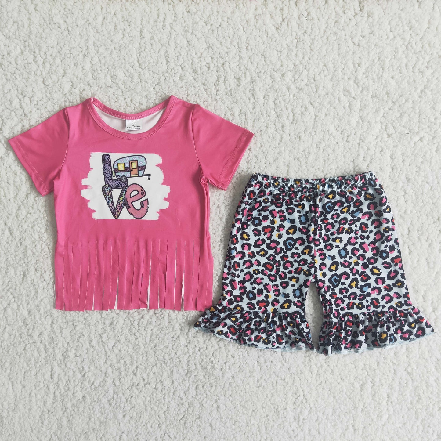 D12-30 LOVE rose red tassel short-sleeved red spot leopard print shorts set