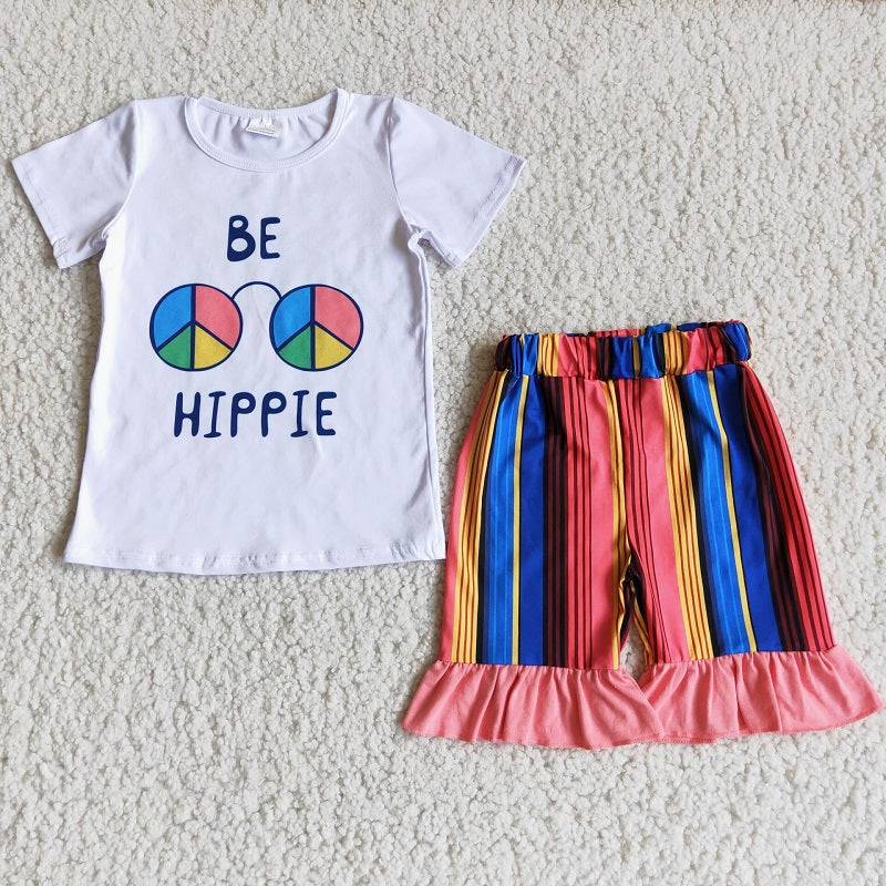 D2-27 hippie white short sleeve mixed color shorts set