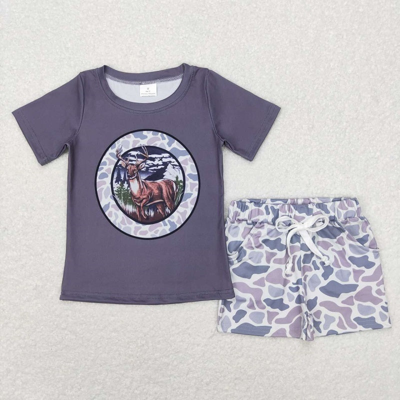 BT0464 Elk camouflage dark gray short-sleeved top+SS0140 Camouflage light gray shorts