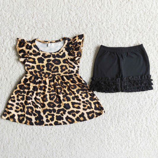 D6-12 Leopard print small flying sleeve black multi-layer shorts set