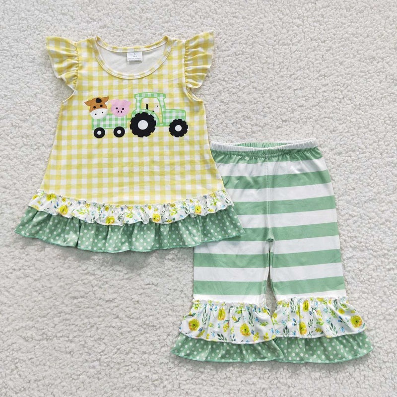 D9-12 Pig Cow Green Truck Small Flying Sleeve Striped Pants Set