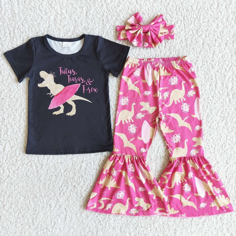 D9-5 Black Short Sleeve Dinosaur Pattern Flared Pants Set