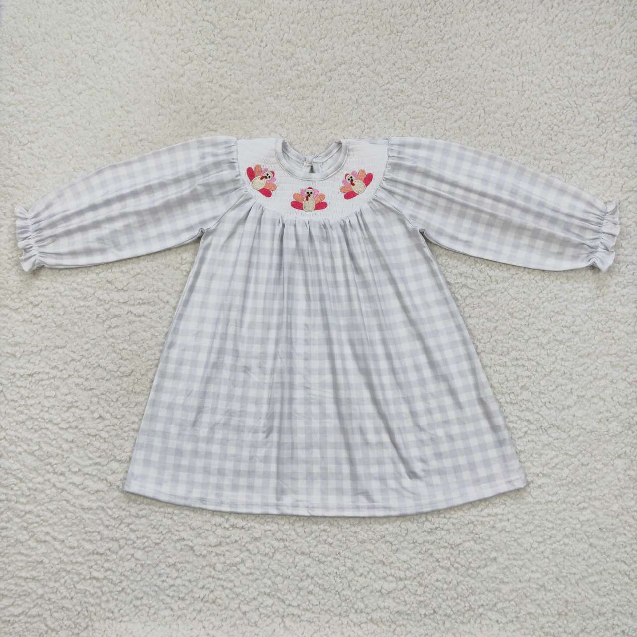 GLD0357 smocked embroidered pink turkey plaid long sleeve dress