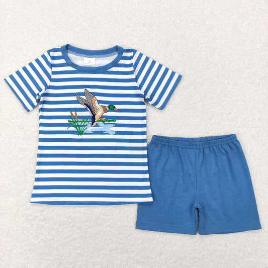 BSSO0308 Embroidered duck reed striped short sleeve blue shorts suit D 4.28