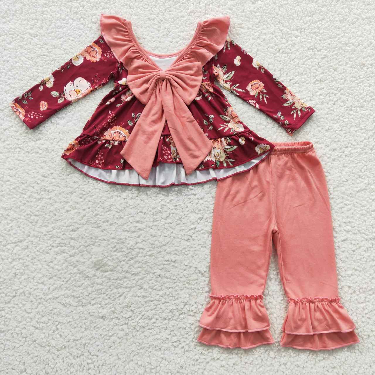 GLP0532 Floral Bow Crimson Lace Long Sleeve Trouser Set