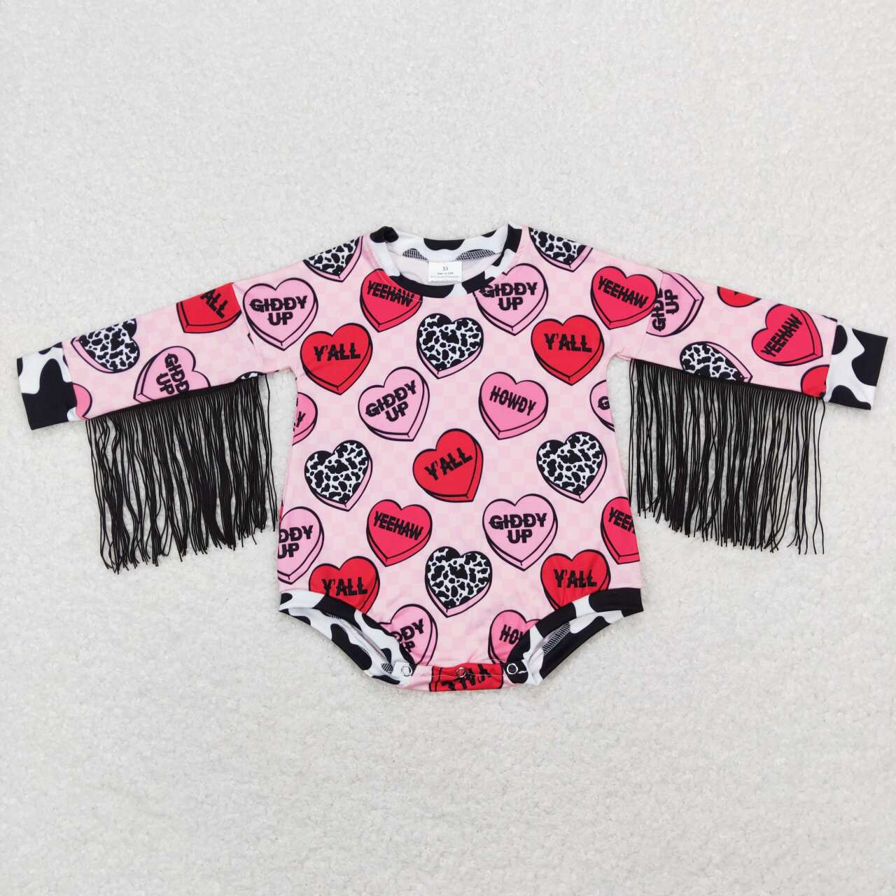 LR0815 howdy letter love pink plaid black tassel long-sleeved jumpsuit