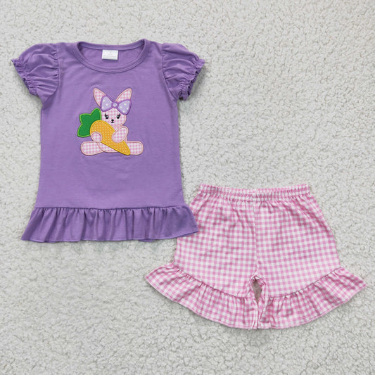 easter rabbit embroidery purple and pink shorts set