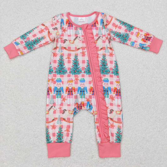 LR0665 Cartoon Soldier Nutcracker Plaid Pink Lace Long Sleeve Jumpsuit