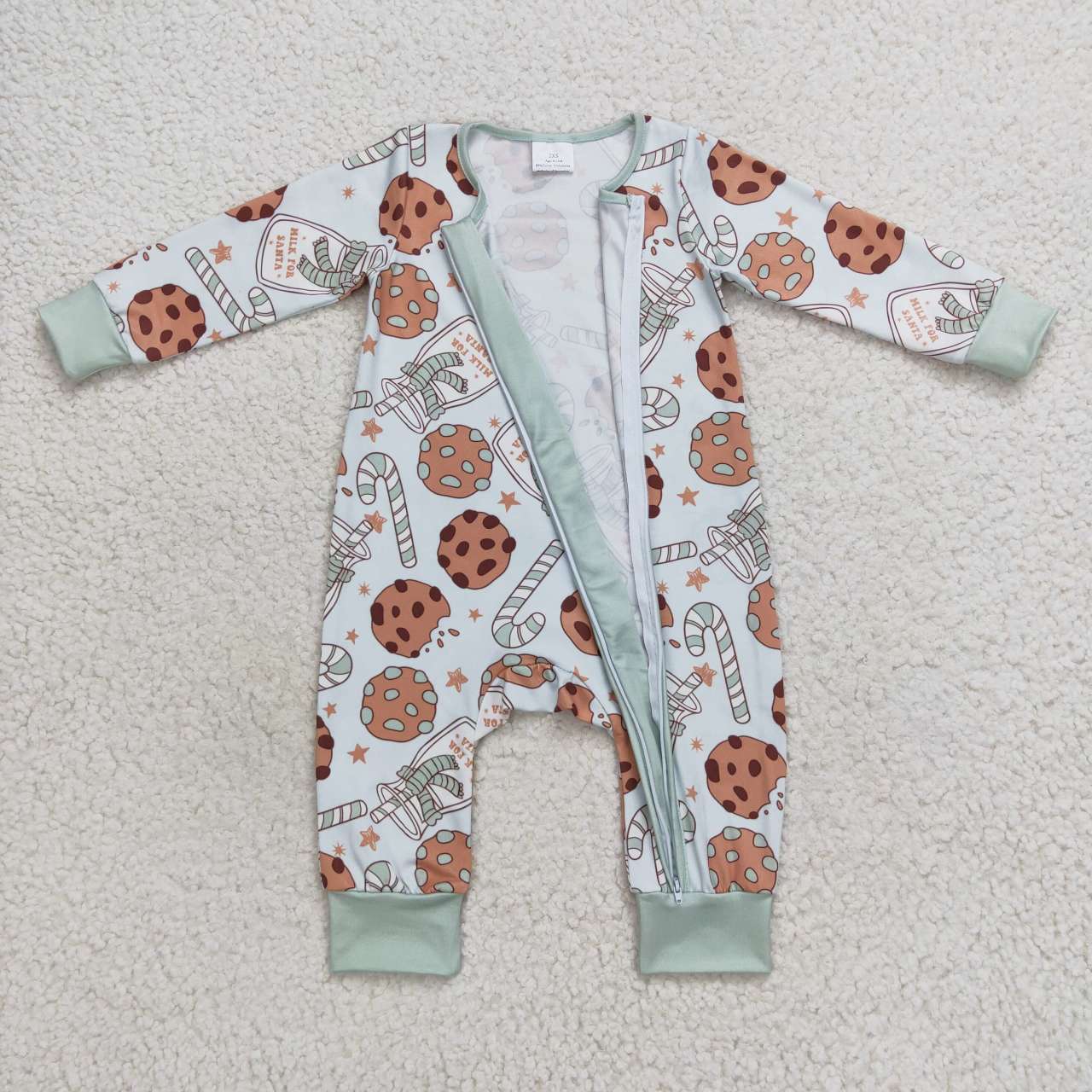 LR0631 Milk Cookie Bottle Cane Green Zip Long Sleeve Jumpsuit