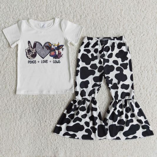 E12-26 cow print bell bottom pants set