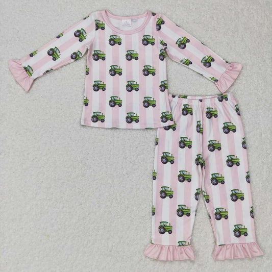 GLP0776 Green tractor pink and white striped long-sleeved trousers suit