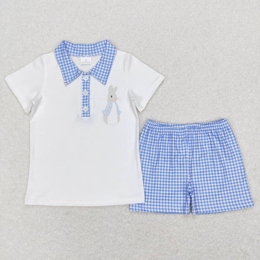 BSSO0415 Rabbit Blue and White Plaid Collar Short Sleeve Shorts Suit