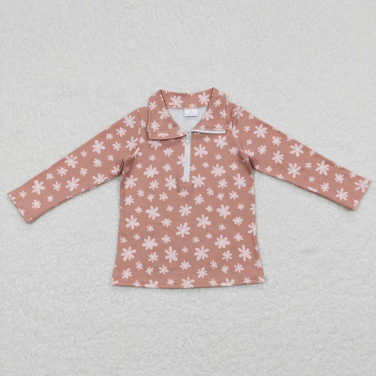 GT0363 Pink floral light brown zippered long-sleeved top