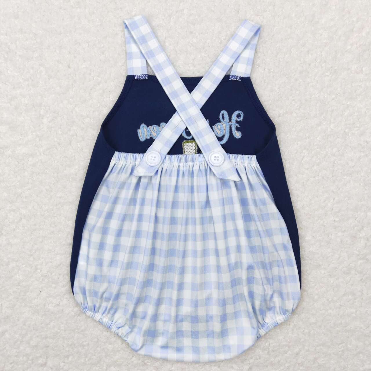 SR0565 he is risen navy blue blue and white plaid vest jumpsuit with embroidered cross