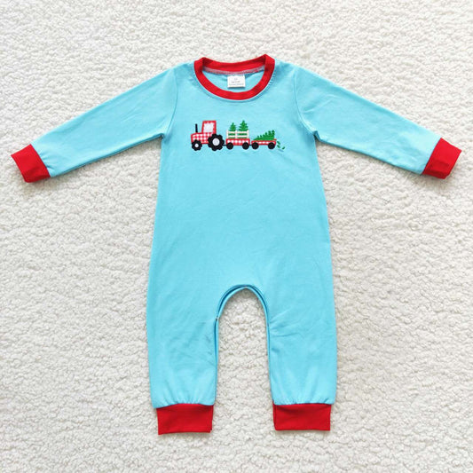 LR0500 Embroidered Christmas Tree Truck Red Trim Blue Long Sleeve Bodysuit