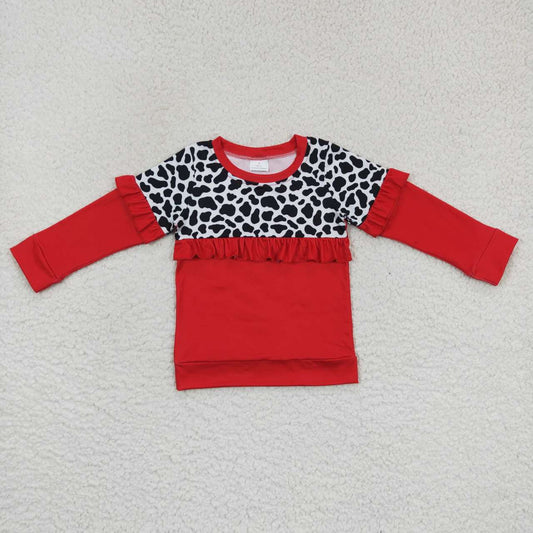 GT0295 Cow pattern red lace long-sleeved top