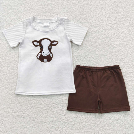 BSSO0218 Boys Embroidered Cow White Short Sleeve Brown Shorts Set