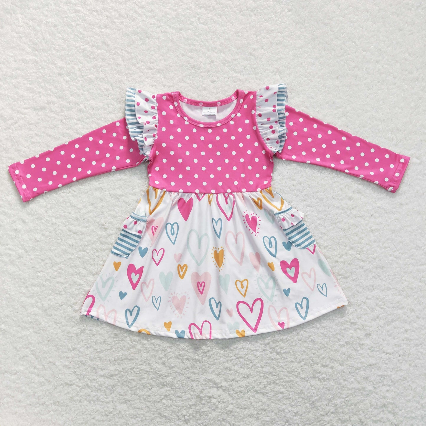 girl valentine long sleeve dots heart pocket dress